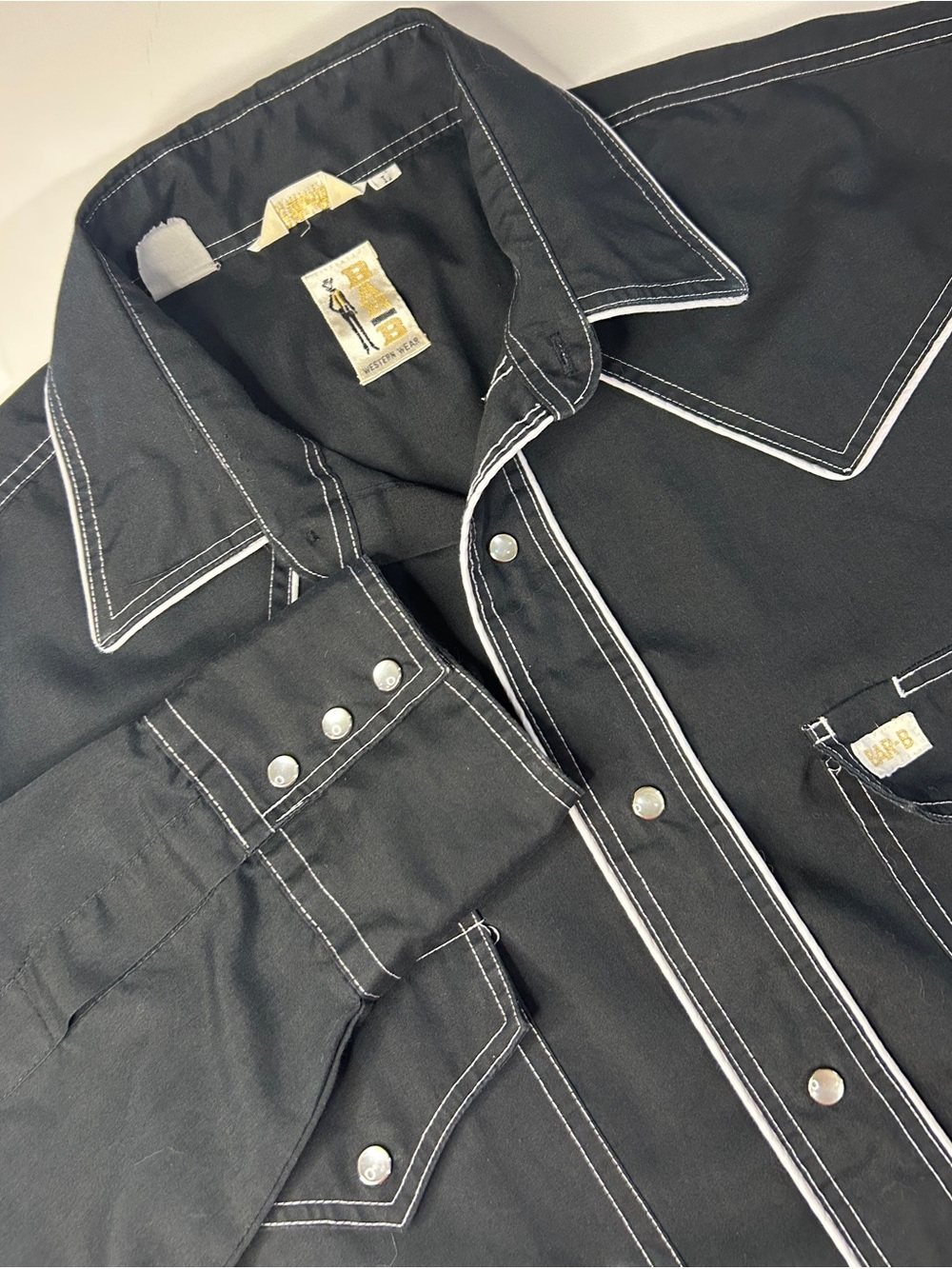 Vintage Bar B Western Wear Black Pearl Snap Shirt White Piping Large XL